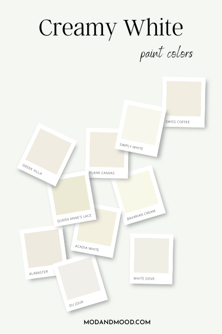 Creamy White Paint colors. Graphic contains a polaroid swatch from each cream color from the article that is still technically a white