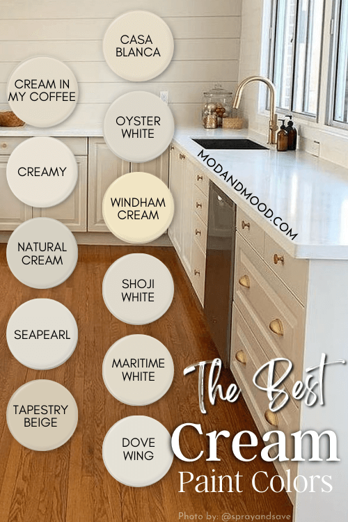 The best creamy off white colors from the article, swatched over a background of Natural cream kitchen cabinets