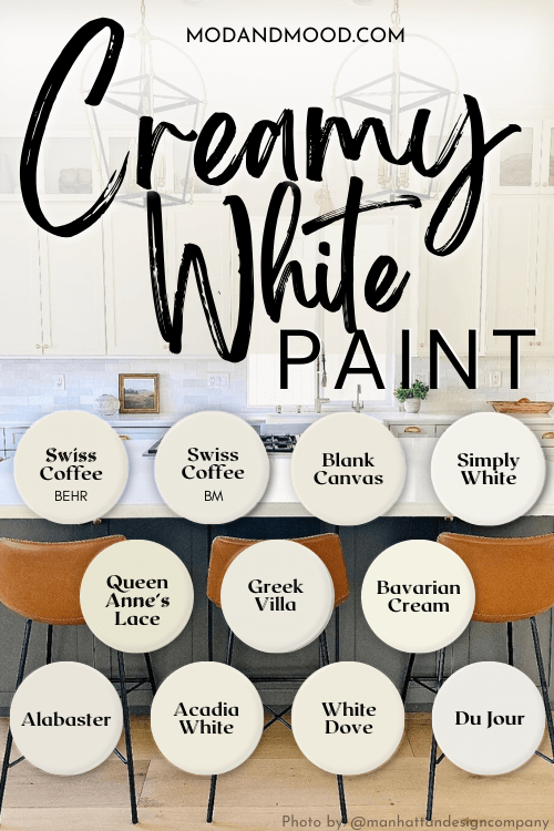 All of the creamy paint colors from the article that are still white, swatched over a background of creamy white perimeter cabinets and a smoky blue island.