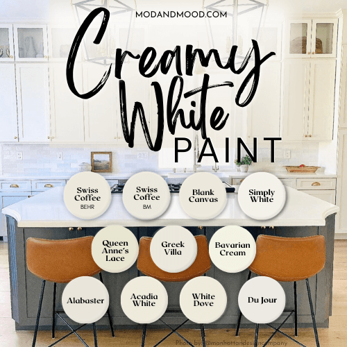 All of the creamy paint colors from the article that are still white, swatched over a background of creamy white perimeter cabinets and a smoky blue island.