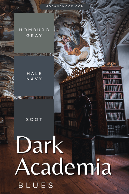 Dark Academia Blue paint colors Homburg Gray, Hale Navy, and Soot over a background of a library with a frescoed ceiling.