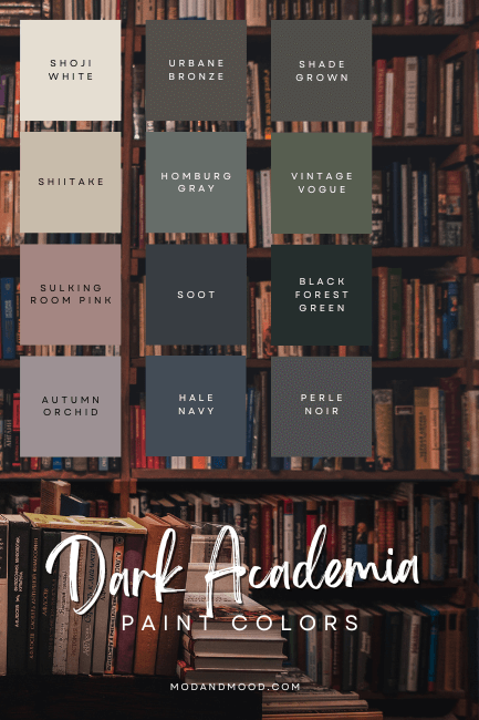 Dark Academia Color palette features 12 paint colors for creating a perfect dark and moody aesthetic, over a beackground of a dark but colorful library