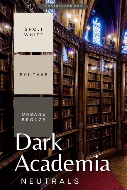 Dark Academia Neutral paint colors Shoji White, Shiitake, and Urbane Bronze over a background of a moody library