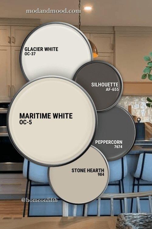 Color palette for Benjamin moore Maritime White features Glacier White, Maritime White, Peppercorn, Silhouette, and stone hearth, all on paint lids over a background of stone hearth on kitchen cabinets.