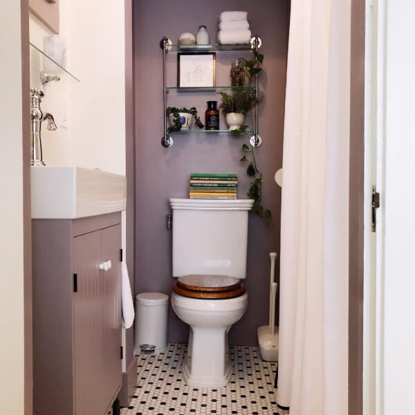 Sherwin Williams autumn orchid in a moody bathroom.