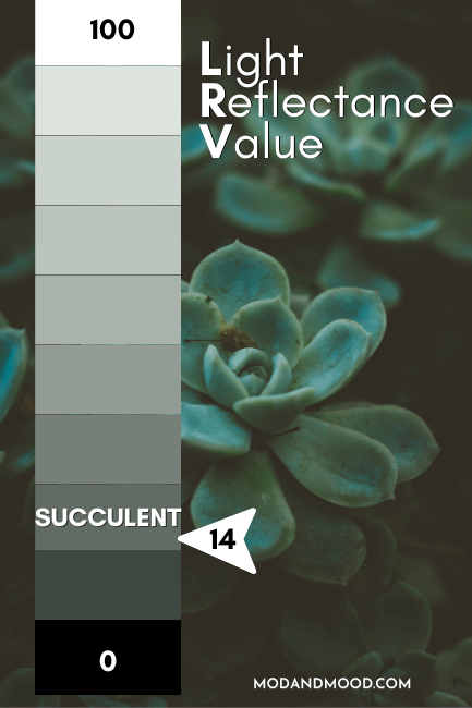 Sherwin Williams Succulent plotted at 14 on an LRV scale from 0 (black) to 100 (pure white)