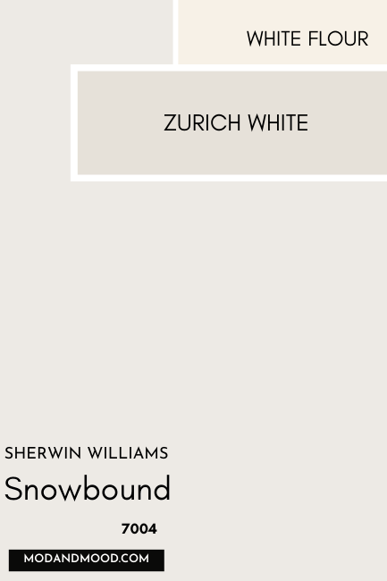 Swatch of Snowbound with 7 similar colors swatched down the side. A large swatch of Sherwin Williams Zurich White is highlighted