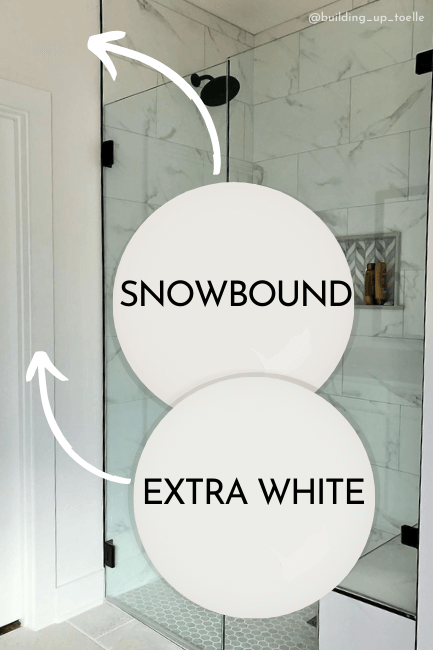 Snowbound paint drop beside an extra white paint frop, over a photo of a bathroom with Snowbound walls and Extra White trim and doors