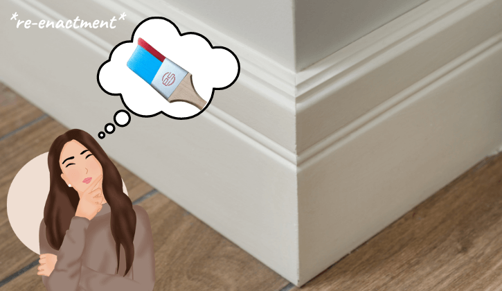 Photo of beveled baseboard trim with an illustration of a woman in thought with the red and blue Stinger Brush inside the thought bubble. Graphic reads "Re-enactment"