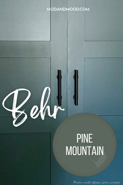 Behr Pine Mountain swatched over a door painted in the same colors with black handles