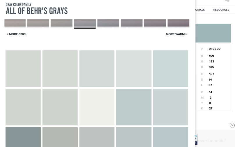 A screenshot of Behr Gray paint colors on their site