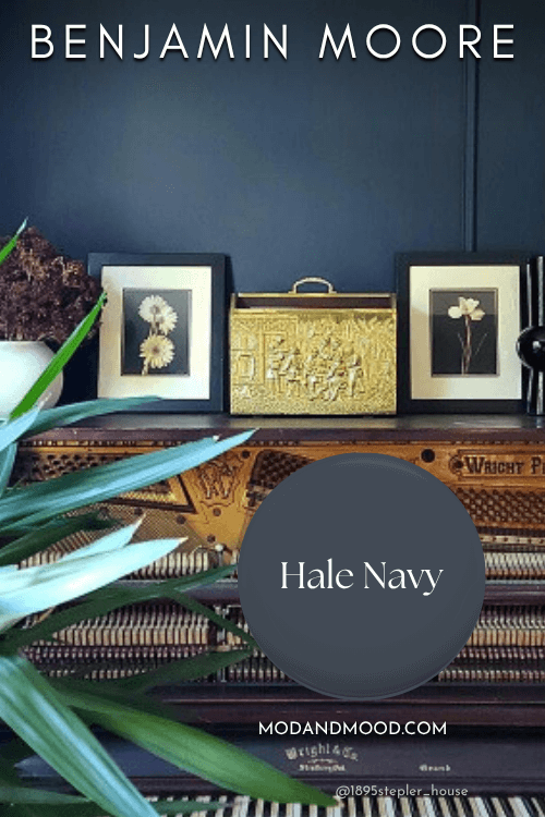 Swatch of Hale Navy over that color in a living room with an organ and victorian inspired knick knacks.