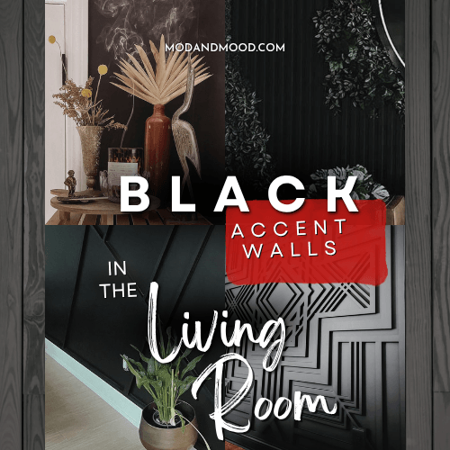 A collage of 4 photos of black living room accent walls over a background of black wood slats.