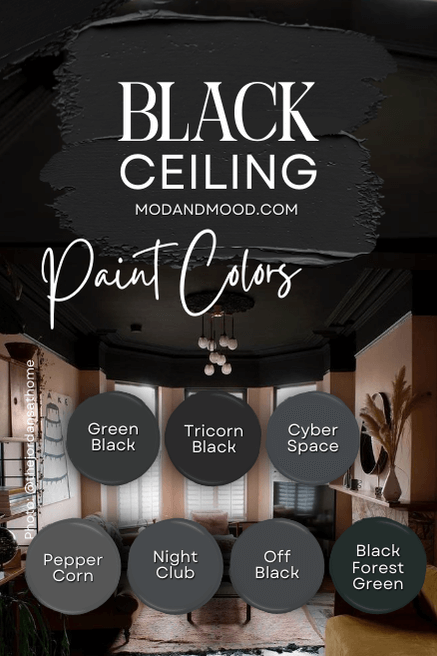 All the black ceiling colors from the article swatched over a pink living room with a black ceiling and hanging ball light fixture. Colors are: Greenblack, Tricorn Black, Cyberspace, Peppercorn, Night Club, Off-black, and Black Forest Green.