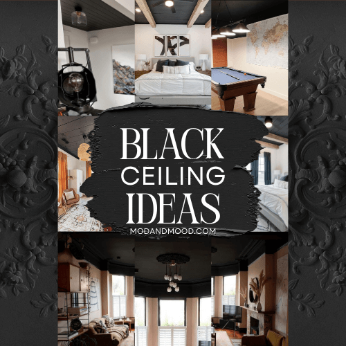 A collage of black ceiling rooms. Graphic reads "Black ceiling ideas."