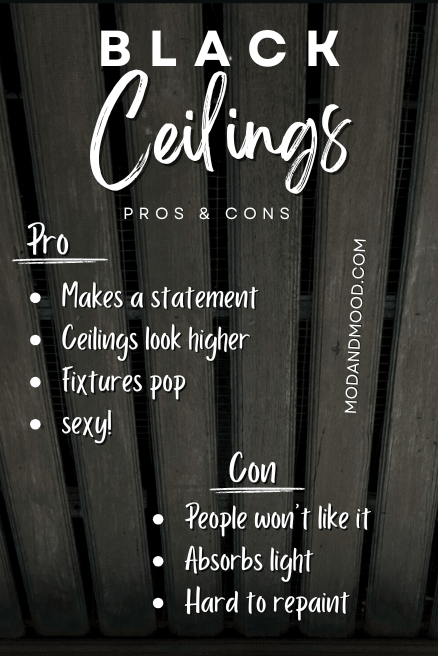 Graphic reads "Black Ceilings Pros & Cons" with the list of pros and cons from the article over a photo of an all black wood ceiling.