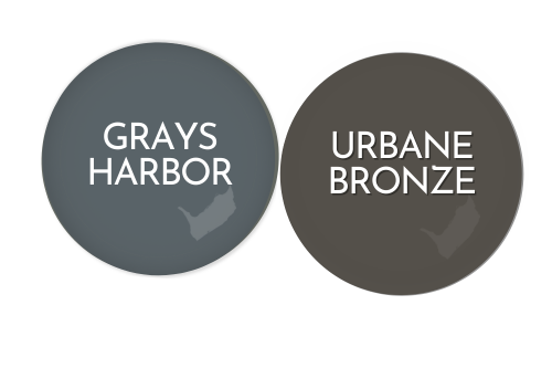 Swatch of Grays Harbor beside complementary color Sherwin Williams Urbane Bronze