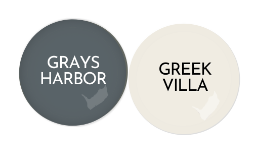 Swatch of Grays Harbor beside coordinating color Sherwin Williams Greek Villa