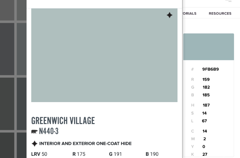 Large color detail of Behr Greenwich Village beside the html color code swatch of Benjamin Moore Colorado gray