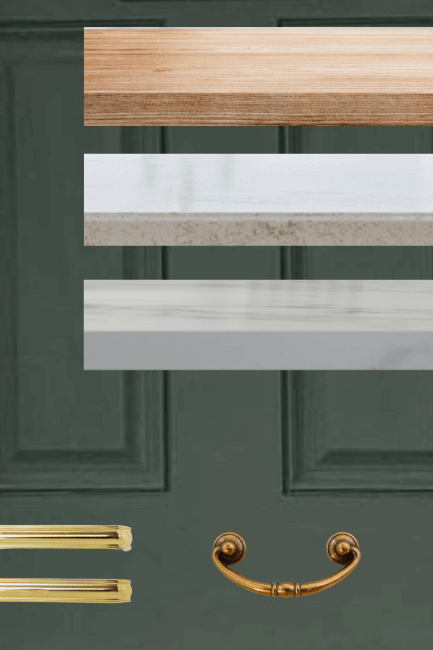 Pewter Green cabinet background with butcher block, white quartz, and marble countertops sampled over top, and gold and brass hardware examples underneath.