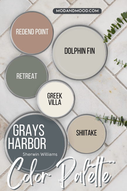 Grays Harbor color palette features grays harbor, retreat, Greek Villa, Shiitake, Dolphin Fin, and Redend Point, all on paint can lids over a background of off white herringbone tile floor