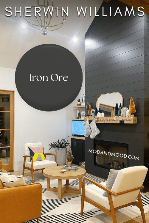 Sherwin Williams Iron Ore Swatched over a photo of the color on a fireplace accent wall.