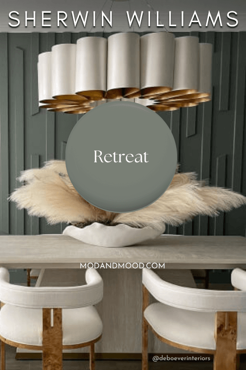 swatch of sherwin williams retreat, over a background of that color on a wood feature wall