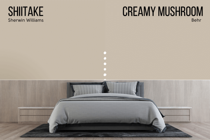 Sherwin Williams Shiitake on one half of a wall with Behr dupe Creamy Mushroom on the other half behind a gray bed and wood panelling.