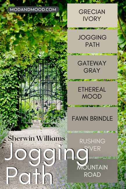 Sherwin Williams Jogging Path color strip features Grecian Ivory, Jogging Path, Gateway Gray, Ethereal Mood, Fawn Brindle, Rushing River, and Mountain Road over a background of a path through an English garden