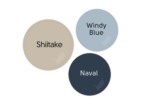Paint dot of Sherwin Williams Shiitake with paint dots of complementary colors windy blue and Naval