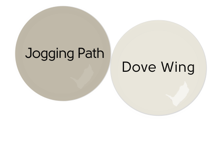 Paint dot of Sherwin WIlliams Jogging Path beside the same of Benjamin Moore Dove Wing