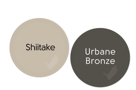Paint dot of Sherwin WIlliams Shiitake beside the same of Sherwin Williams Urbane Bronze
