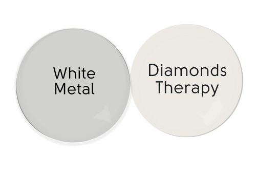 Paint dot of white metal beside a paint dot of coordinating color Diamonds Therapy