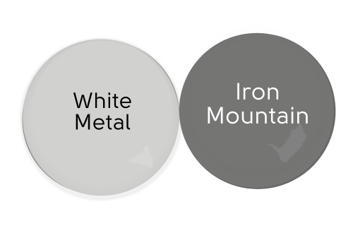 Paint dot of white metal beside a paint dot of coordinating color Iron Mountain
