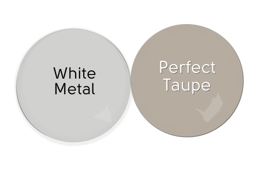 Paint dot of white metal beside a paint dot of coordinating color Perfect Taupe