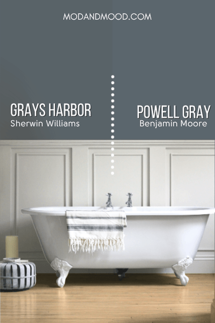 Grays Harbor and Benjamin Moore equivalent Powell Gray, each on half of a wall behind a white clawfoot tub and wainscoting.