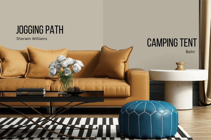 Sherwin Williams Jogging Path on half of a wall with Dupe Behr Camping Tent on the other half behind a camel colored sofa.