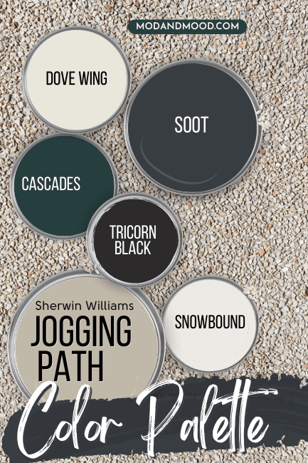 Sherwin Williams Jogging Path color palette features paint lids of Jogging path, Tricorn Black, Snowbound, Cascades, Soot, and Dove Wing, over a background of a pebbly jogging path