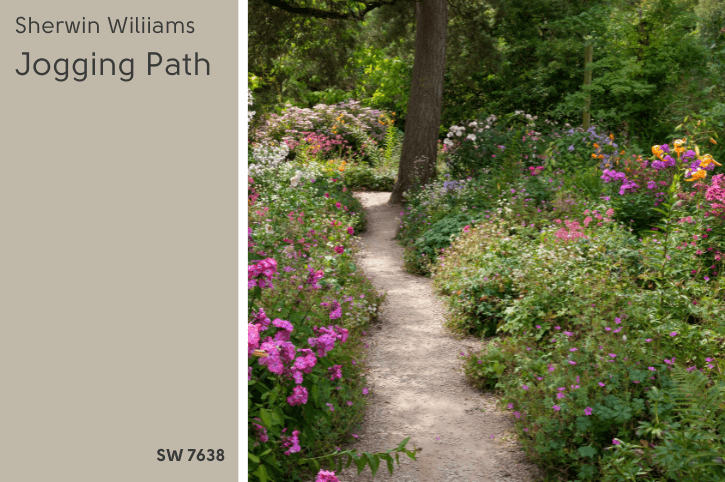 Swatch of Sherwin Williams Jogging Path beside a photo of a narrow path through a garden