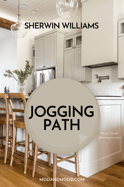 Swatch of Sherwin Williams Jogging Path over a background of Jogging Path on kitchen cabinets