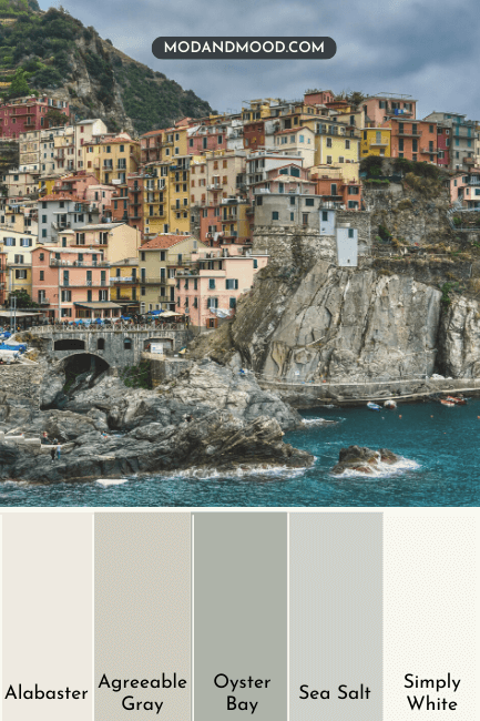 Oyster Bay with swatches of Alabaster, Agreeable Gray, Sea Salt and Simply White, under a picture of Cinque Terre in Italy