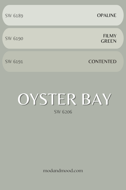 Oyster Bay background color with swatches of similar Sherwin Williams colors Contented, Filmy Green, and Opaline over top.