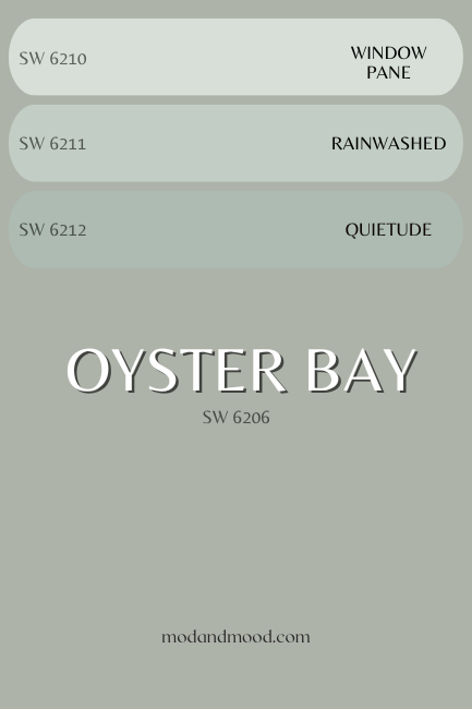 Oyster Bay background color with swatches of similar Sherwin Williams colors Window Pane, Rainwashed, and Quietude over top.