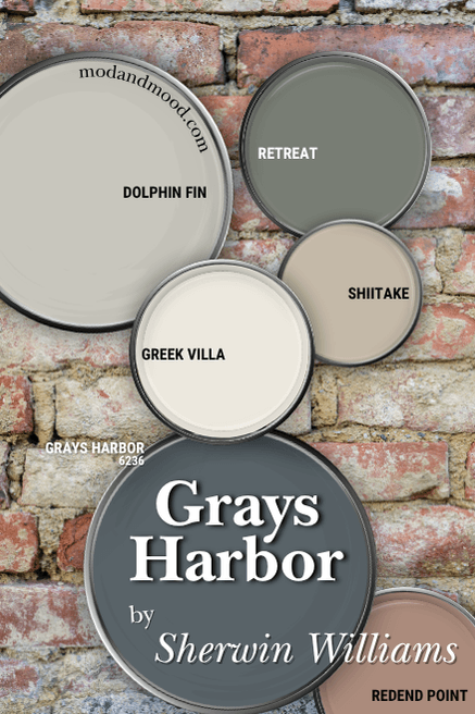 Grays Harbor color palette features grays harbor, retreat, Greek Villa, Shiitake, Dolphin Fin, and Redend Point, all on paint can lids over a background of a muted red brick wall.