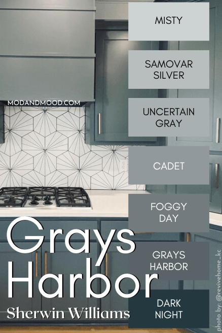 Grays Harbor color strip features Misty, Samovar Silver, Uncertain Gray, Cadet, foggy day, Grays Harbor, and Dark Night over a background of the color on cabinets