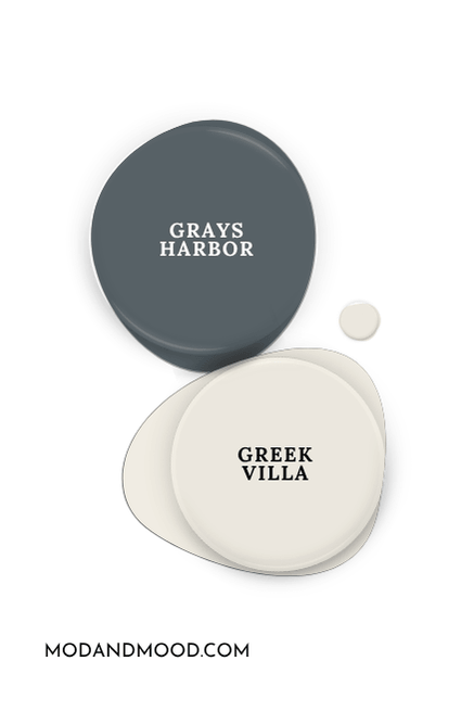 Swatch of Grays Harbor beside coordinating color Sherwin Williams Greek Villa