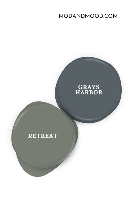 Swatch of Grays Harbor beside coordinating color Sherwin Williams Retreat
