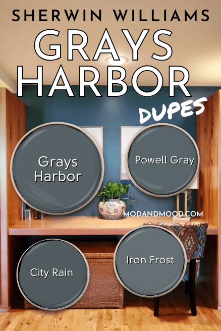 Grays Harbor dupes Powell Gray, City Rain, and Iron Frost, swatched with Grays Harbor over a photo of Grays Harbor on walls in an office