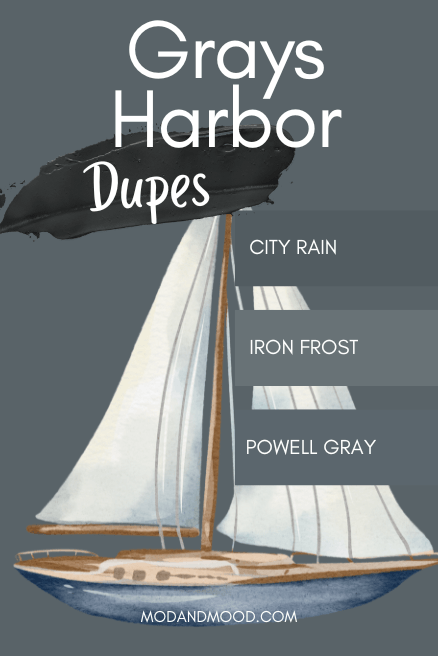 Grays Harbor background with swatches of dupes Powell Gray, Iron Frost, and City Rain over top, and a small graphic of a watercolor sailboat.
