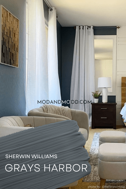 Sherwin Williams Grays Harbor swatched over a photo of the color on bedroom walls.
